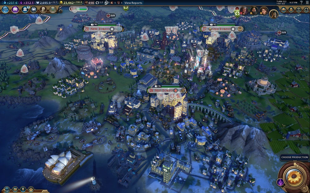 Civilization VI game screenshot of a large modern city at night with several districts and wonders